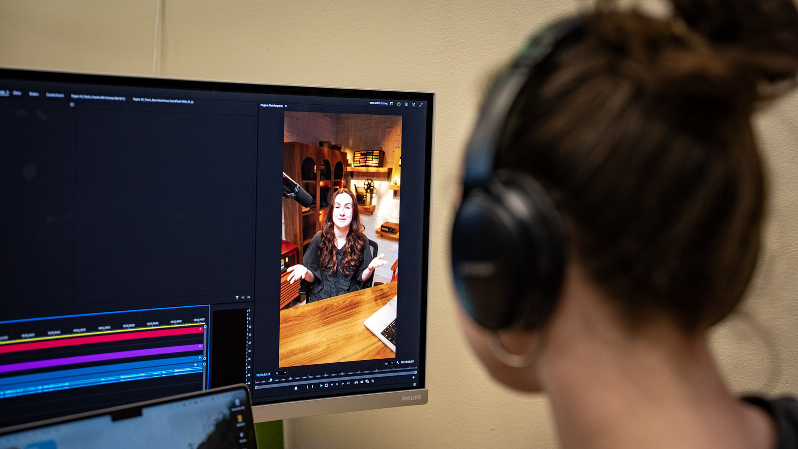 Editing a social media video in the studio